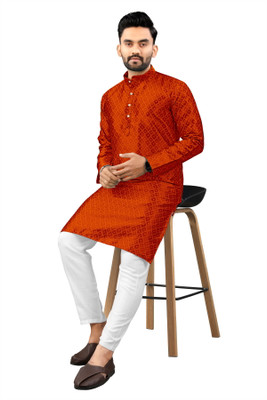 Shree Dutt Creation Men Self Design Straight Kurta(Orange)