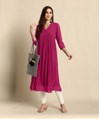 Janasya Women Woven Design Flared Kurta(Pink)