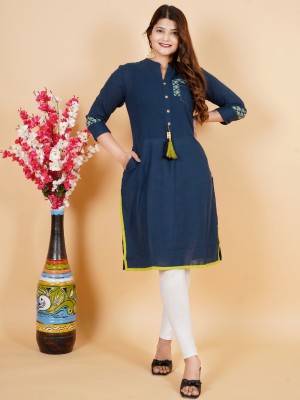 Kirti Finishing Women Solid Straight Kurta(Dark Blue, Yellow)