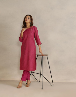 Fabindia Women Embroidered A-line Kurta(Pink)