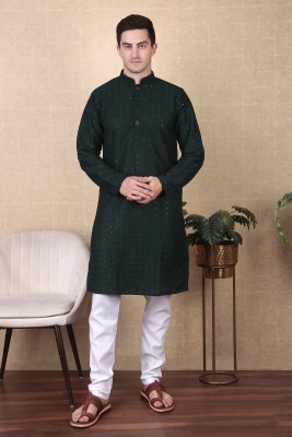 Koshin Men Paisley, Embroidered Straight Kurta(Dark Green)