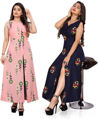 Hiral Creation Women Printed Frontslit Kurta(Blue)