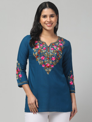 MISS DESIRE Women Embroidered A-line Kurta(Blue)