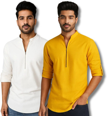 CROWNTAIL Men Solid Straight Kurta(White, Yellow)