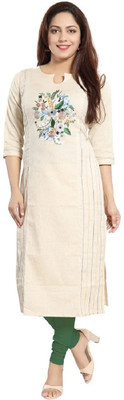HouseOfCommon Women Embroidered Straight Kurta(Beige, Dark Blue)