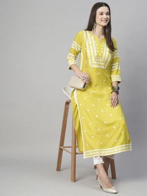 CELEUM Women Embroidered Straight Kurta(Yellow)