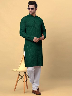 RagyaVastra Men Chikan Embroidery A-line Kurta(Green)