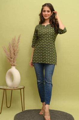 KAVERIKREATIONS Women Printed Straight Kurta(Green)