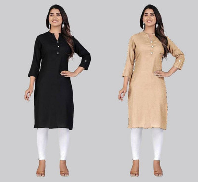 StyloQueen Women Solid Straight Kurta(Black)