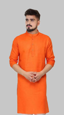 VINAARI Men Solid A-line Kurta(Orange)