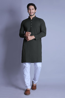 ALMORA Men Self Design A-line Kurta(Green)