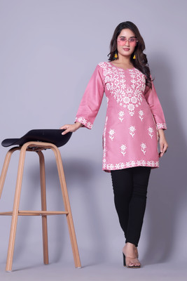 shivshakti faishon Women Chikan Embroidery Straight Kurta(Pink)
