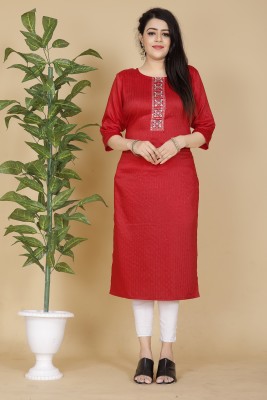 DWAPAR Women Embroidered Straight Kurta(Red)