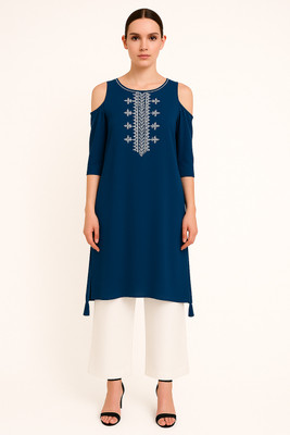 Cloth Stories Women Embroidered Straight Kurta(Dark Blue)