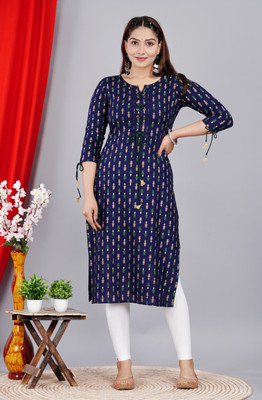 Chavar Women Floral Print Straight Kurta(Dark Blue)