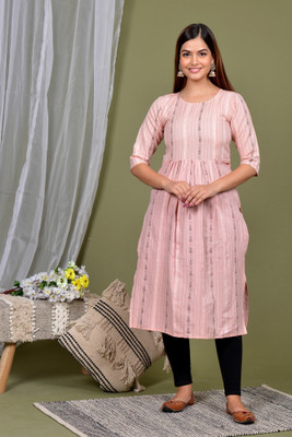 Lerkiza Women Striped A-line Kurta(Orange)
