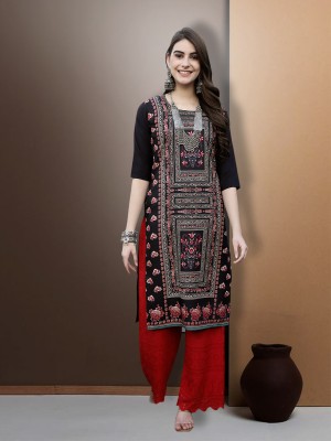 EthnicBasket Women Printed Straight Kurta(Black)