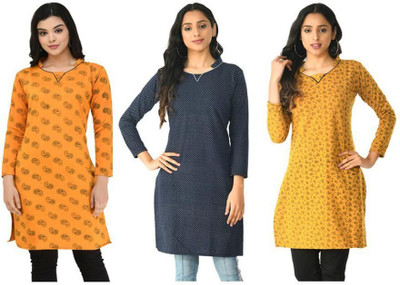 Indeweaves Women Floral Print A-line Kurta(Dark Blue, Orange, Yellow)