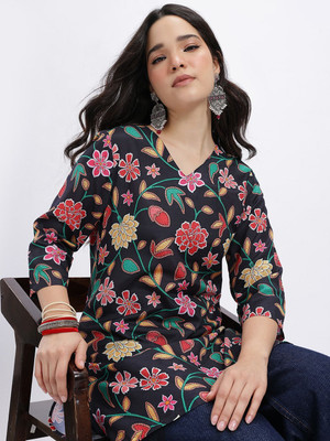 Anouk Rustic Women Printed Straight Kurta(Black)