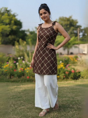ekeshwara Women Geometric Print, Printed Straight Kurta(Brown)