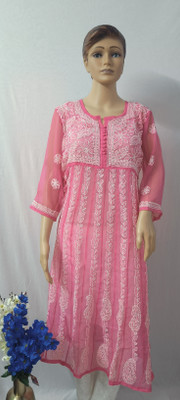 Randeep Clothing Women Chikan Embroidery Anarkali Kurta(Pink)