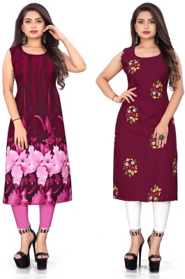 maruti fab Women Floral Print Straight Kurta(Pink, Maroon)