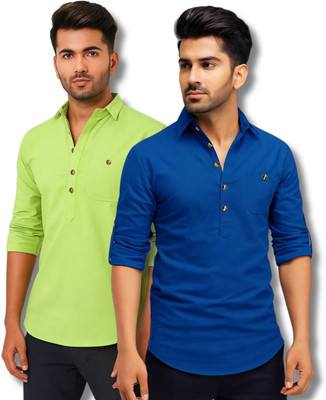 VIMASUTI Men Solid Straight Kurta(Light Green, Dark Blue)