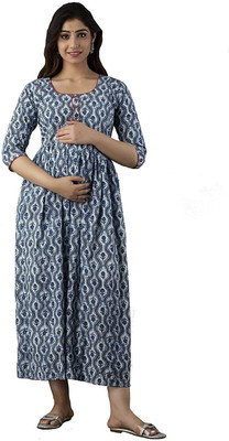 OMSHA Women Floral Print Flared Kurta(Blue)