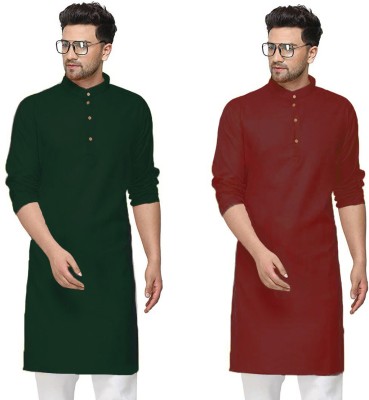 OORA Men Solid Straight Kurta(Green, Red)