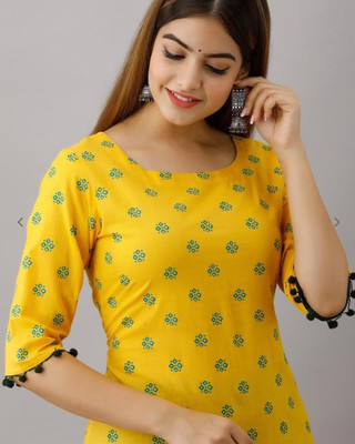 JAFFRY EMBROIDERY Women Printed Straight Kurta(Yellow)