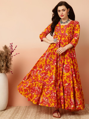 Sa Rasa Women Printed Anarkali Kurta(Red)