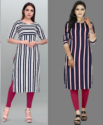 Hiral Creation Women Striped, Printed A-line Kurta(Purple, White)