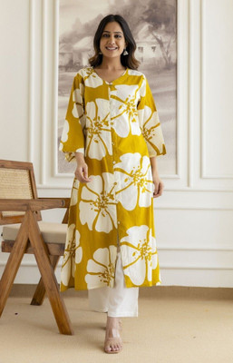 Aruma Women Floral Print, Printed, Abstract Ethnic Dress Kurta(Yellow)