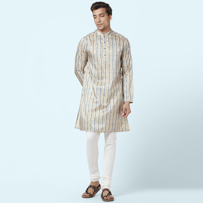 Indus Route by Pantaloons Men Printed Straight Kurta(Blue)