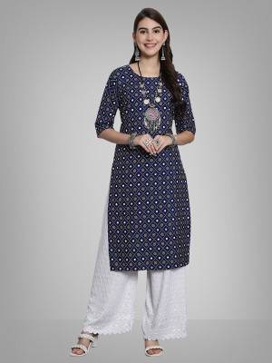 EthnicBasket Women Printed A-line Kurta(Dark Blue, White, Yellow)