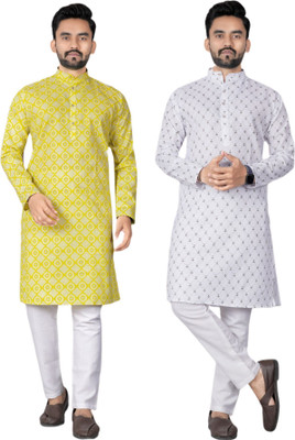 DHASU TRENDZ Men Printed Straight Kurta(White, Yellow)