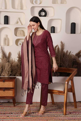 HIND TEXTILES Women Striped, Embroidered, Geometric Print, Self Design A-line Kurta(Maroon)