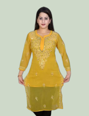 KKHANS SHERAS Women Embroidered, Embellished Straight Kurta(Yellow)