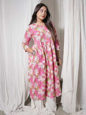 Janasya Women Floral Print A-line Kurta(Pink)