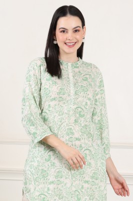 W Women Floral Print Straight Kurta(White, Green)