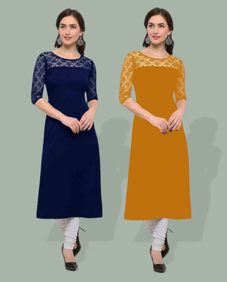 Maheshvi Women Solid, Self Design Straight Kurta(Dark Blue)
