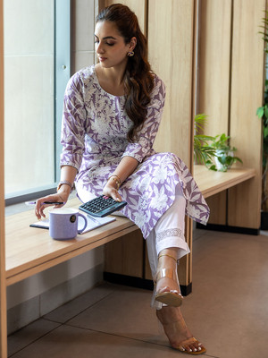 LIBAS Women Printed Straight Kurta(Purple)