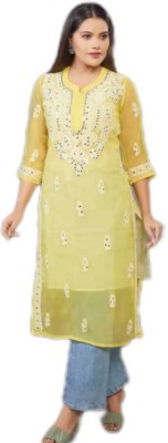 Sheeraz khan Women Chikan Embroidery A-line Kurta(Yellow)