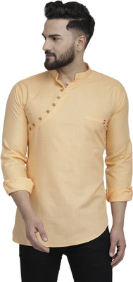 B BEN Men Solid Asymmetric Kurta(Beige)