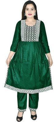 NOORIGARMENTS Women Chikan Embroidery Ethnic Dress Kurta(Dark Green)