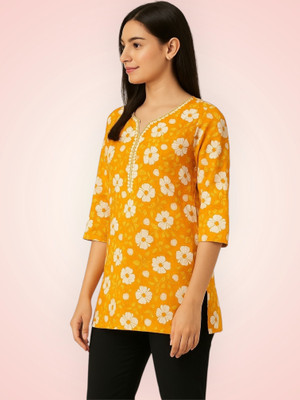 PPThreads Women Printed Straight Kurta(Yellow)