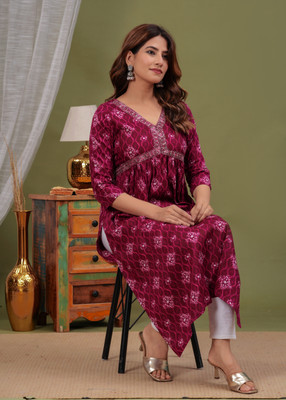 vinod print Women Printed Flared Kurta(Red)