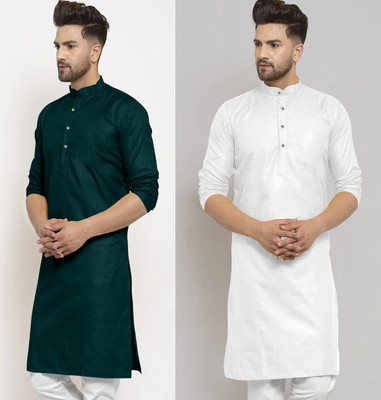 JENZEE Fashion Men Solid Straight Kurta(White, Dark Green)