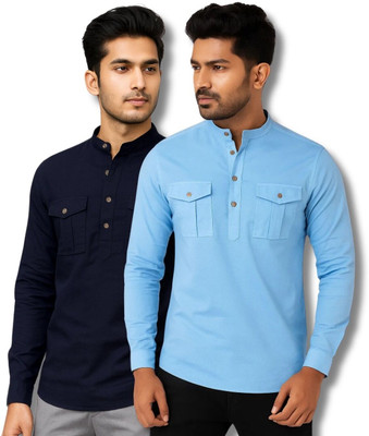 VIMASUTI Men Solid Straight Kurta(Dark Blue, Light Blue)