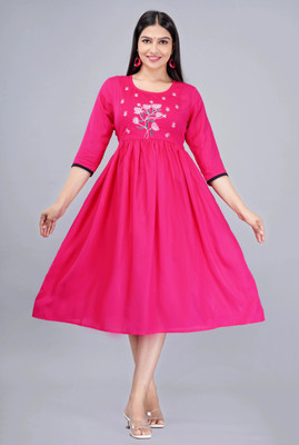 GULJAR FASHION Women Embroidered Flared Kurta(Pink)